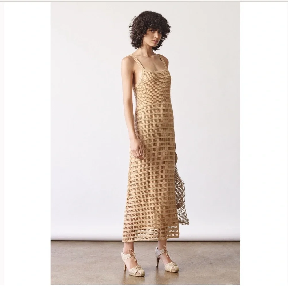 Elizabeth and James Edna Crochet Dress Tan Brown Cover Up Fitted Open Knit Sz XS - Picture 2 of 5